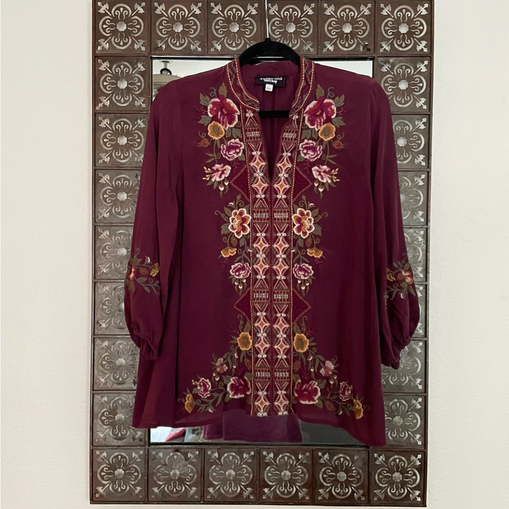 Johnny Was Nepal in Wine Silk Embroidered Effortless Swing Blouse Top